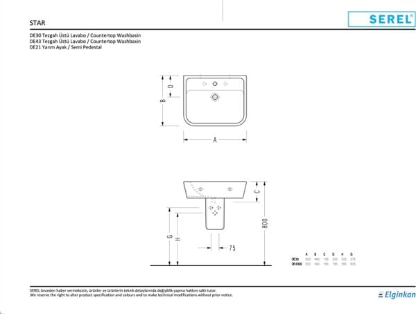 SEREL STAR LAVABO İNCE KENARLI LAVABO  40*50