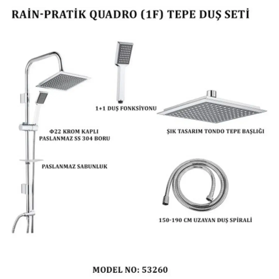 Tema Rain Pratik Quadro 1F Tepe Duş Seti