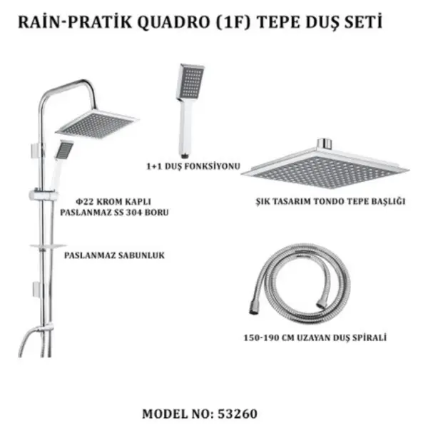 Tema Rain Pratik Quadro 1F Tepe Duş Seti