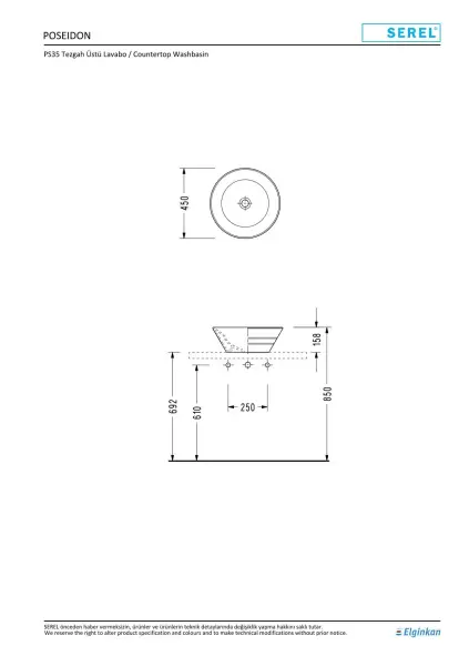 Serel Poseidon 45 cm Tezgah Çanak Lavabo Batarya Deliksiz