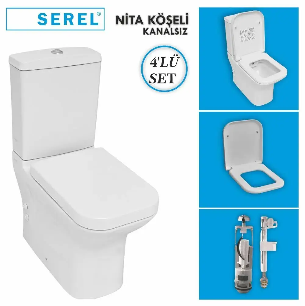 Serel Nita Köşeli Kanalsız Duvara Sıfır Klozet  4'lü Set